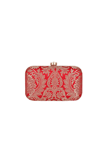 Cherry Red Brocade Box Clutch with Sling (8 X 2 X 4.5)